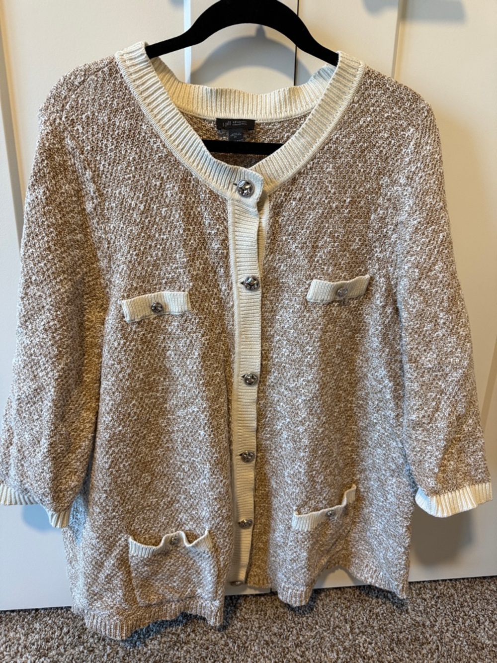 J. Jill 100% Cotton Neutral Textured Cardigan with Ivory Trim